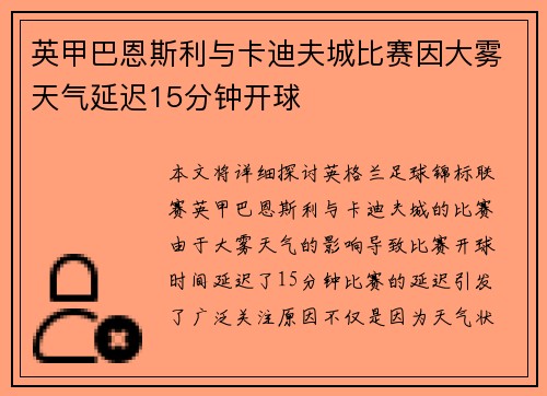 英甲巴恩斯利与卡迪夫城比赛因大雾天气延迟15分钟开球